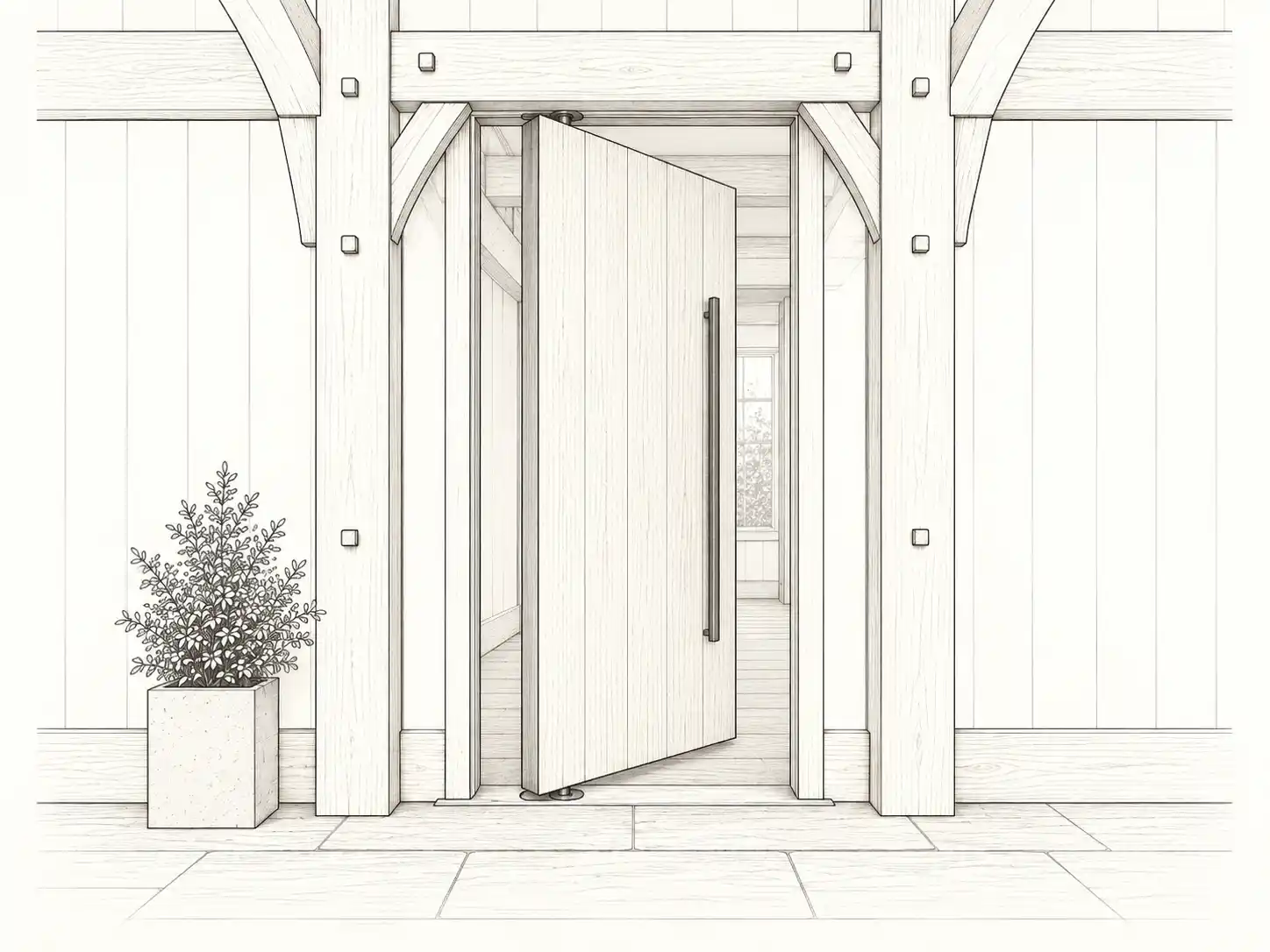 Line illustration of a large pivot door opening within a timber frame entryway.