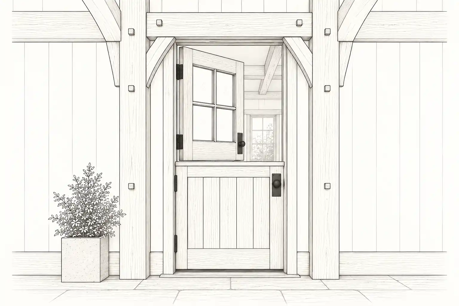 Line illustration of a Dutch door with the upper half open, framed by exposed timber posts and beams.