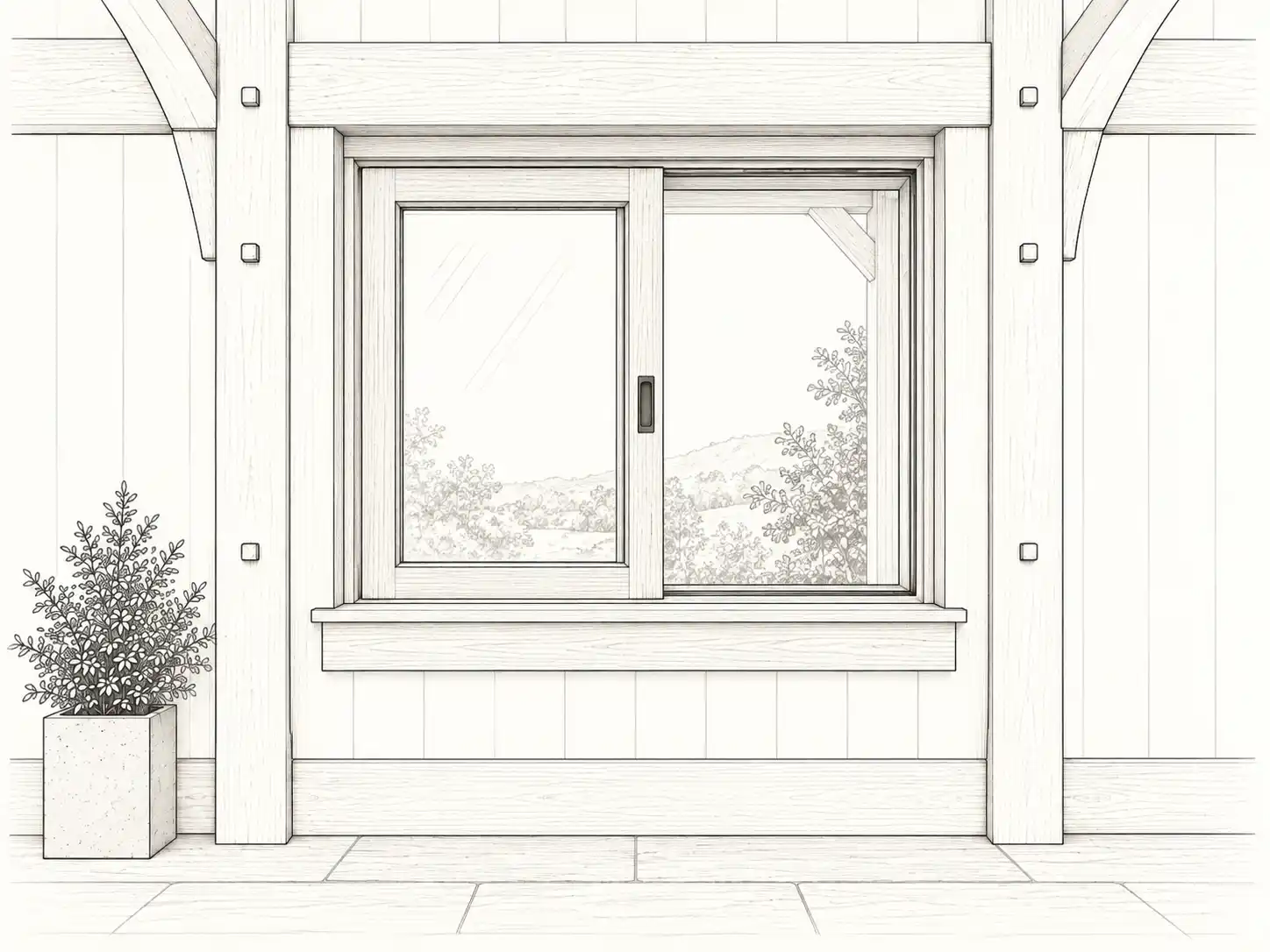 Line illustration of a sliding window set within a timber frame wall, with one sash partially open and a simple landscape visible beyond.