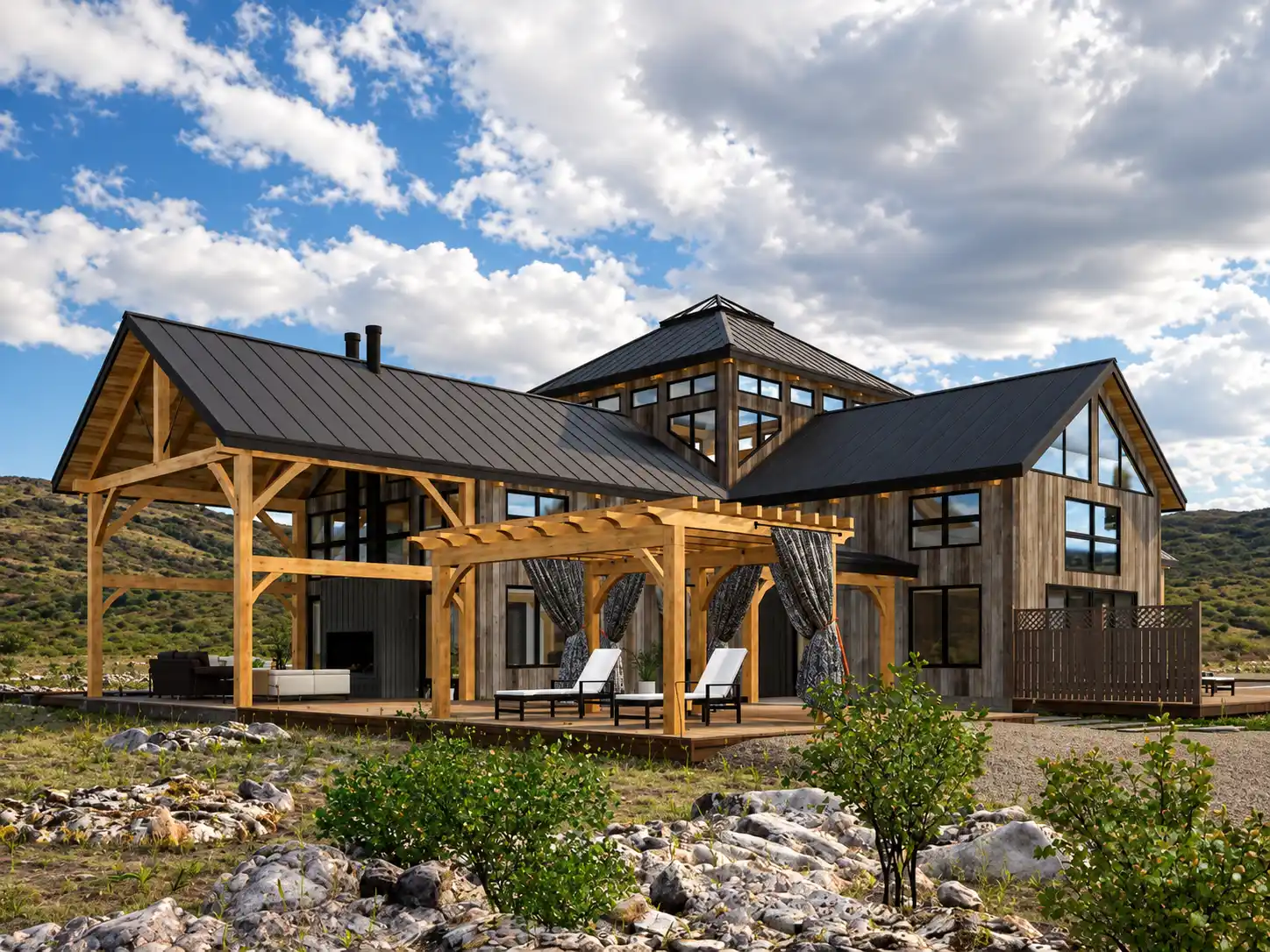 Rendering of a timber frame home with dark metal roofs, a covered porch, and a timber pergola shading an outdoor seating area.E