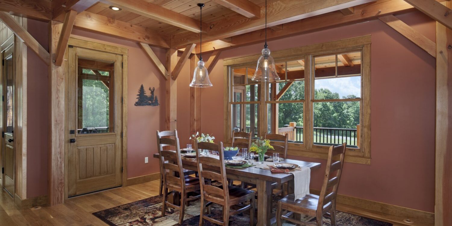 Interior, horizontal, dining room toward windows, Timber Ridge Lodge, Lawrenceville, Pennsylvania; Woodhouse Post &amp; Beam