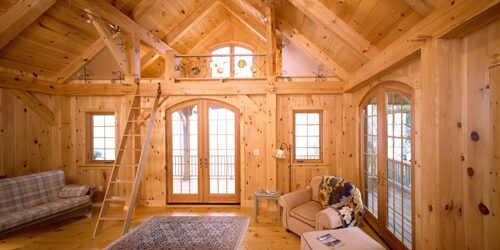 What was once an ordinary square concrete block storage shed is now a beautiful 900 square feet cottage that houses a living room, one bedroom, a bath and a loft sitting area. The two-story timber frame is an Eastern white pine, as are the tongue-and-groove ceilings and walls, and flooring with a meditation loft, perfect for the lake!